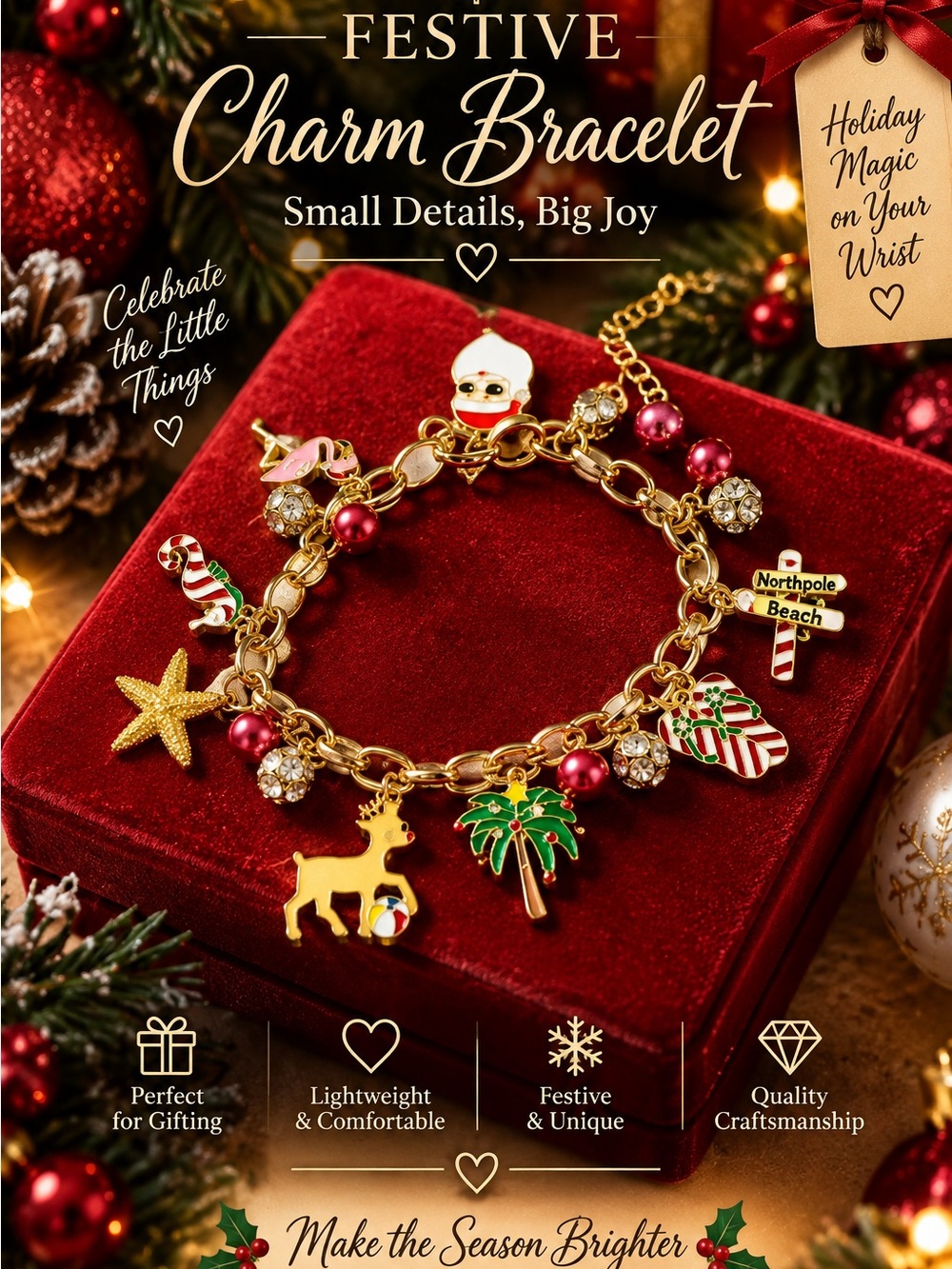 Festive Charm Bracelet - Gold with Red and Green Accents